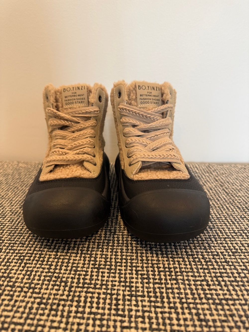 Kids Beige and Black Warm Lace-Up Boots